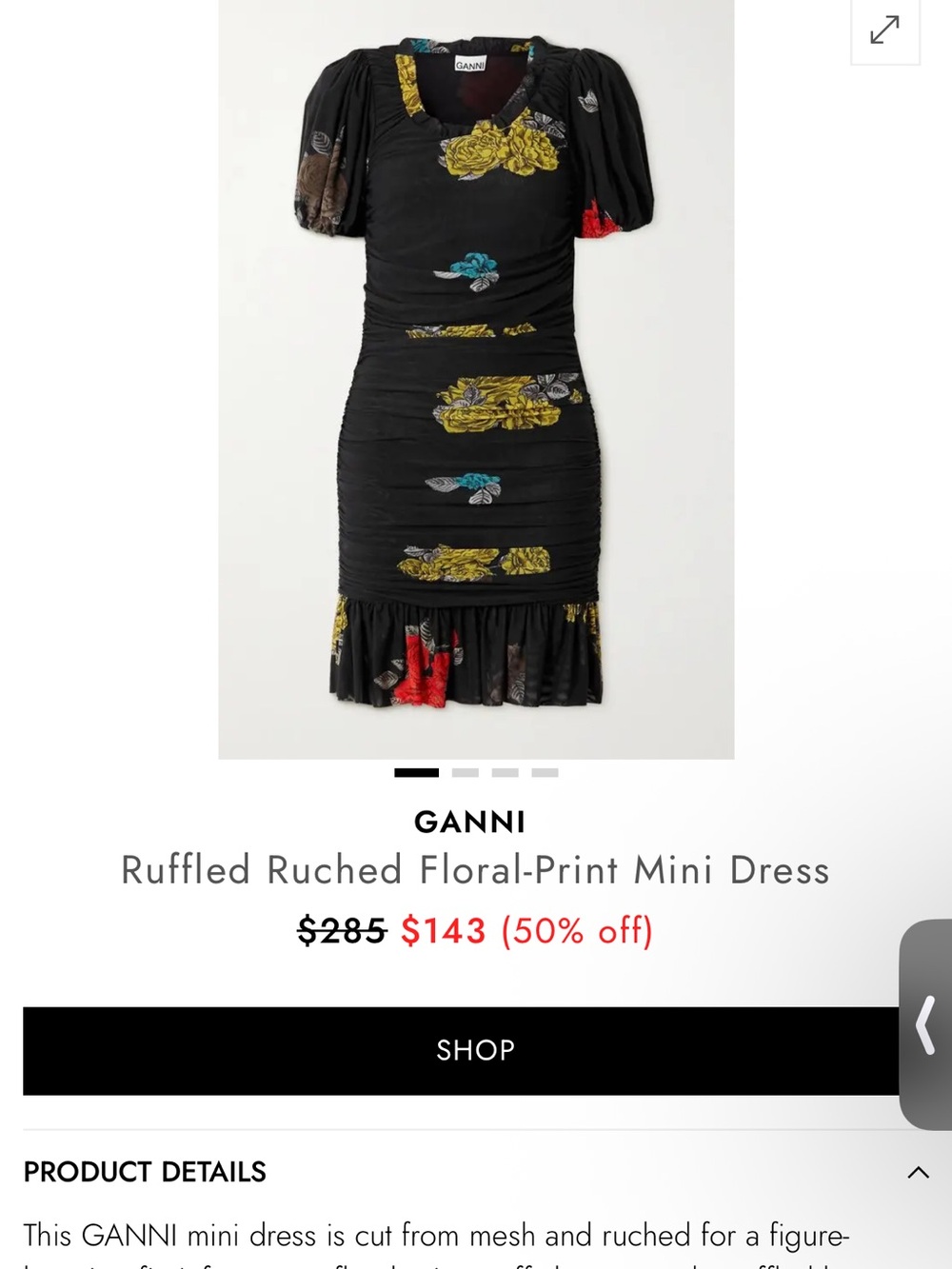 Ganni Black Floral Ruched Ruffled Mini Dress with Yellow & Red Accents